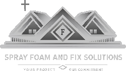 Logo for "Spray Foam and Fix Solutions" featuring a stylized house roof and the letter F in a diamond.